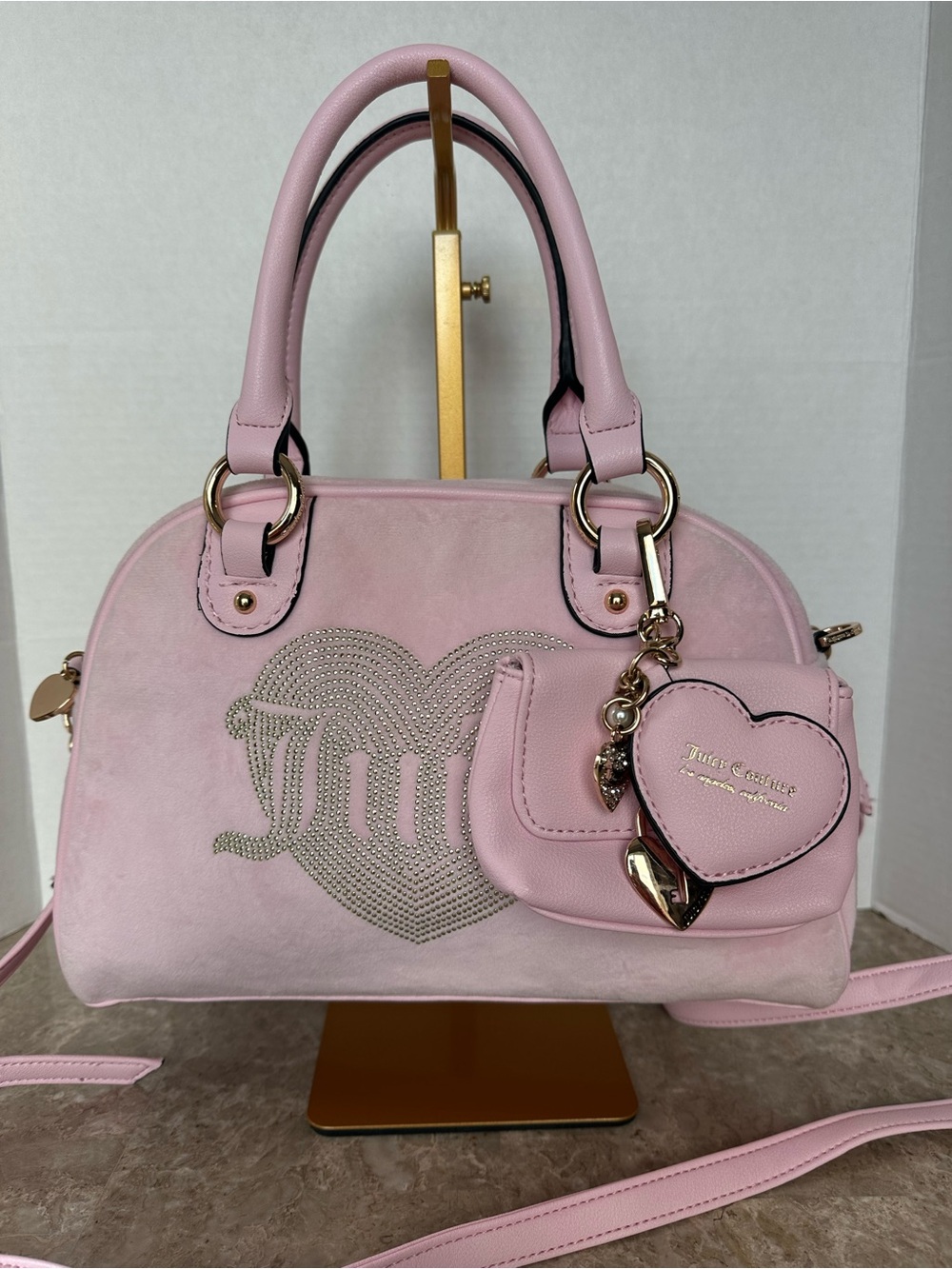 Juicy Couture Pink Velour Rhinestone Heart Dome Satchel Bag Charm Mcbling Purse